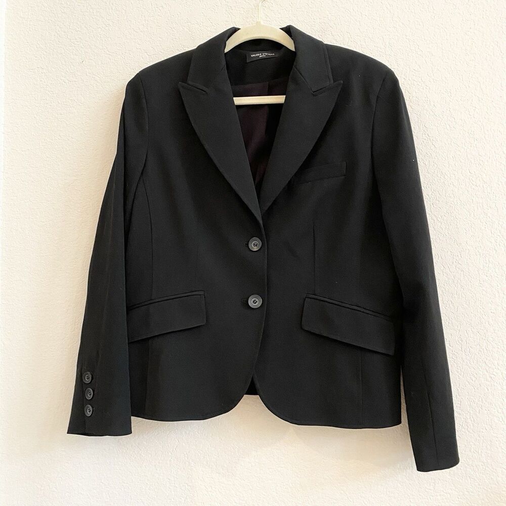 Valerie Stevens Womens Blazer Size 14 P Black Two Button Jacket‎ Career Business